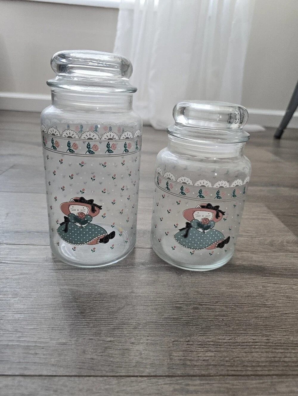 1988 CHD Country Kitty Cat Glass Canister set Of 2 Cottagecore Retro Farmhouse